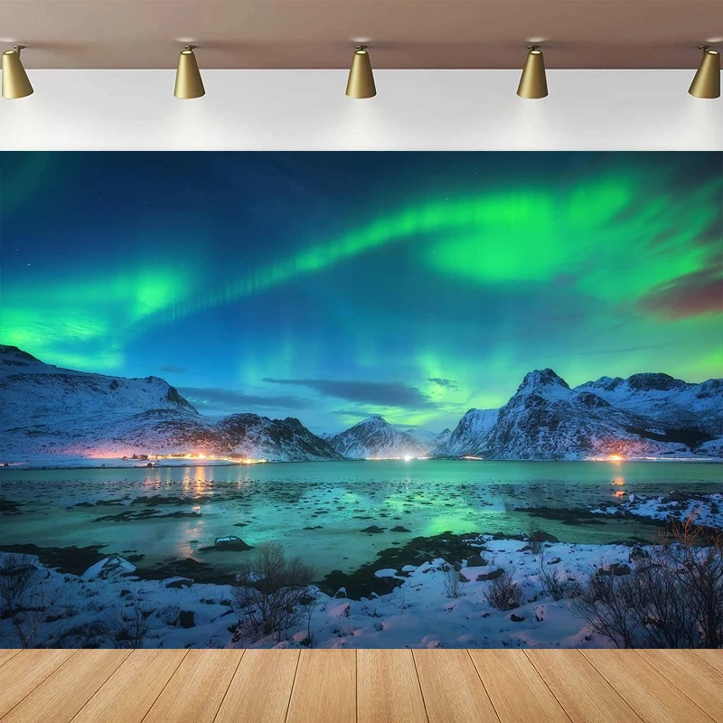 Aurora Borealis Night Sky Photography Backdrop Snow-Capped Mountains Lake Scenery Starry Sky Polar Lights Landscape Background