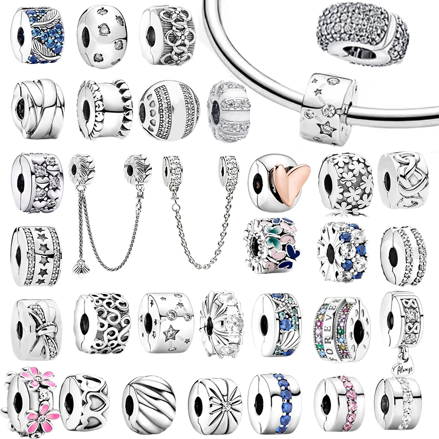 Gran oferta, fabricación DIY, rosa, transparente, Clip de fila brillante azul y Clip de pluma curvada, abalorio compatible con pulsera de plata 925 Original, joyería