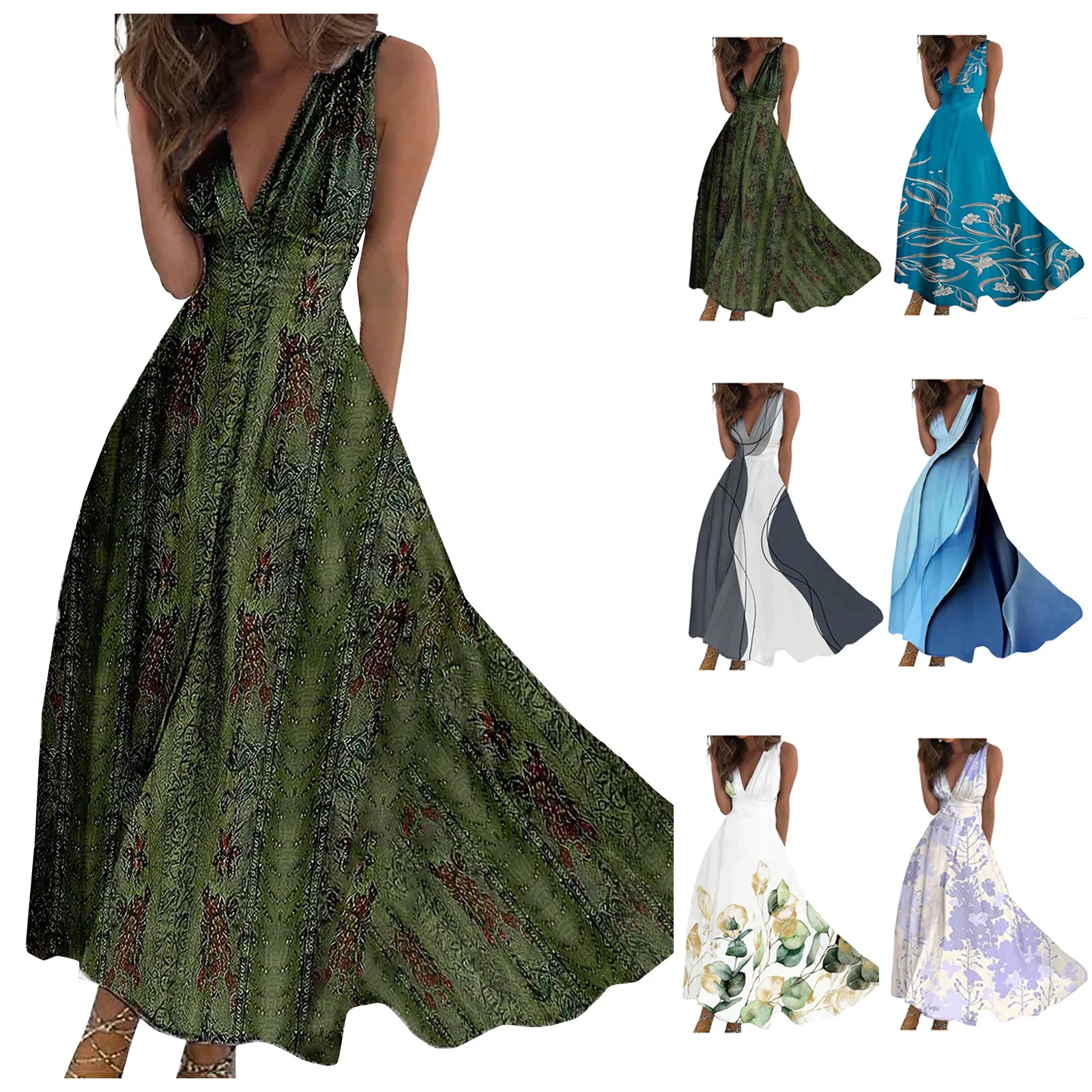 Elegant V-Neck Printed Sleeveless Women Maxi Dress Summer Casual A Line Beach Long Dresses Ladies Sundress Female Vestidos