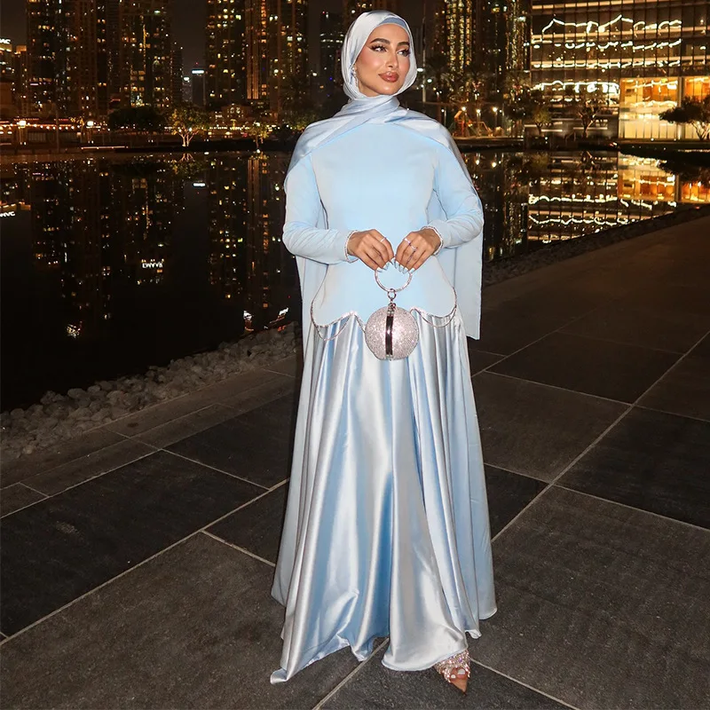 

Elegant Slimming Light Blue Long Dress Set for Women Fashionable Waist-Cinching Design Versatile for All Seasons