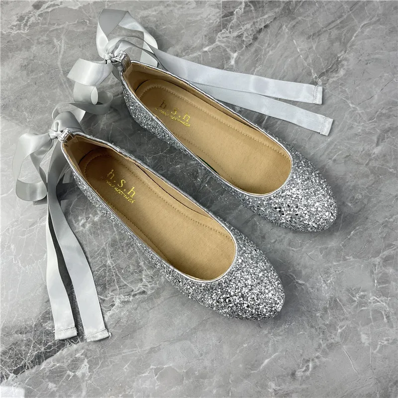 

Sequined Ballerina Flats Riband Lace-up Women Dance Shoes Outside Casual Loafers Ladies Espadrilles Silver Bride Zapatos Mujer