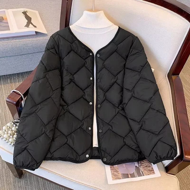 女性秋冬暖かい綿ジャケット軽量襟なしソフトパッド入りジャケットレディースカジュアルルーズシングルブレストキルティングコート