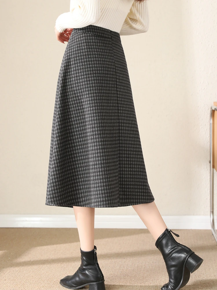 Falda Vintage Retro de cintura alta a cuadros para mujer, combina con todo, para ir al trabajo, primavera y verano, elegante falda de Tweed de calle a media pantorrilla, nueva