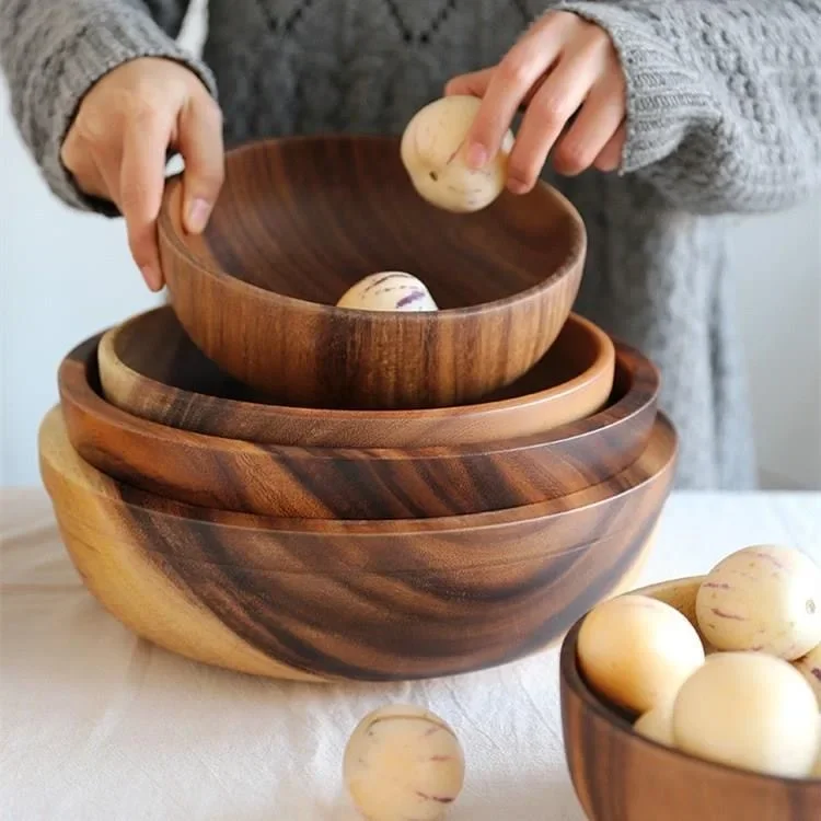 Household Solid Wood Bowl Japanese Acacia Wood Salad Mixing Wooden Basin Kneading Solid Wood Bowl Wooden Tableware Ramen Bowl