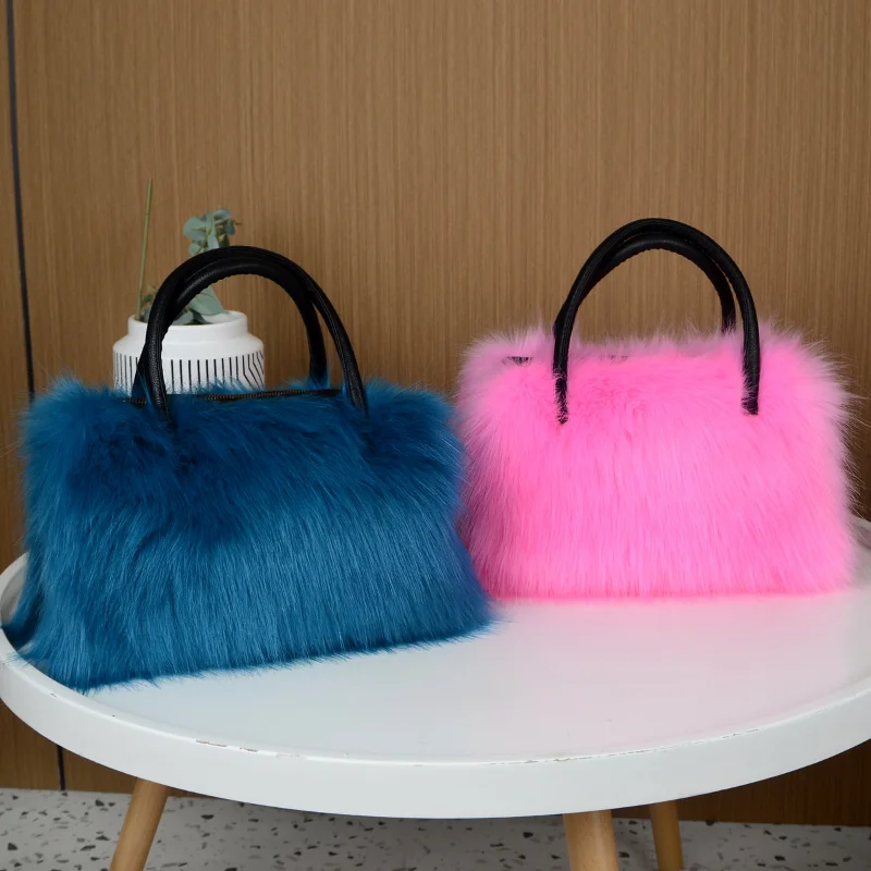 Winter Faux Fur Patchwork Leather Women's Boston Handbag Luxury Design Ladies Long Plush Tote Bag Bright Color Bolsa Feminina