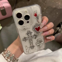 Vintage Gothic Cross Red Love Heart Gemstone Clear Epoxy Phone Case For iPhone 15 14 13 12 11 Pro Max Lens Protection Back Cover