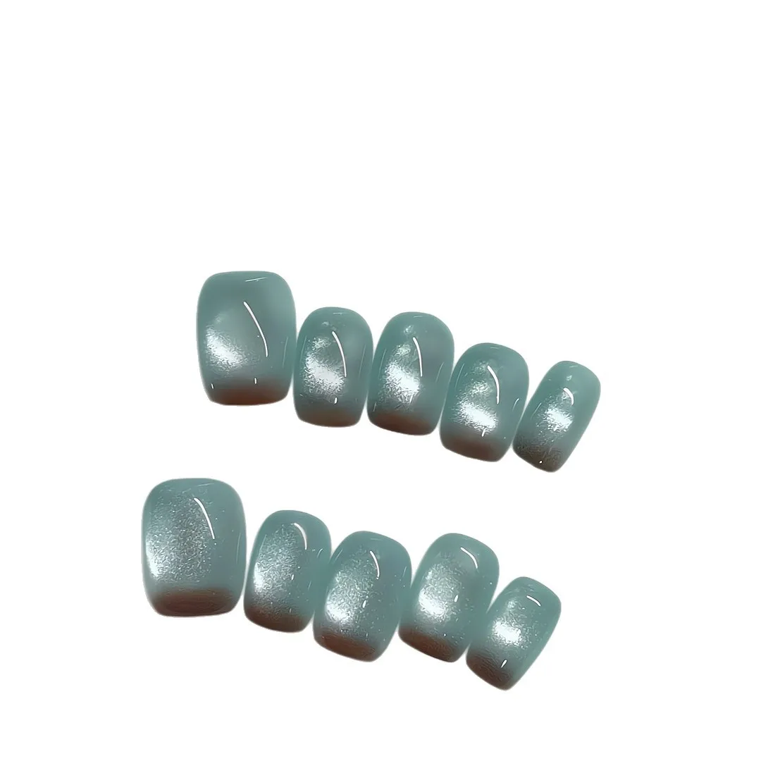 10개 브라운-블루 핸드메이드 네일 옴브레 캣아이 프레스온 네일 짧은 스퀘어 가짜 네일 여성&소녀용 탈부착 가능 네일