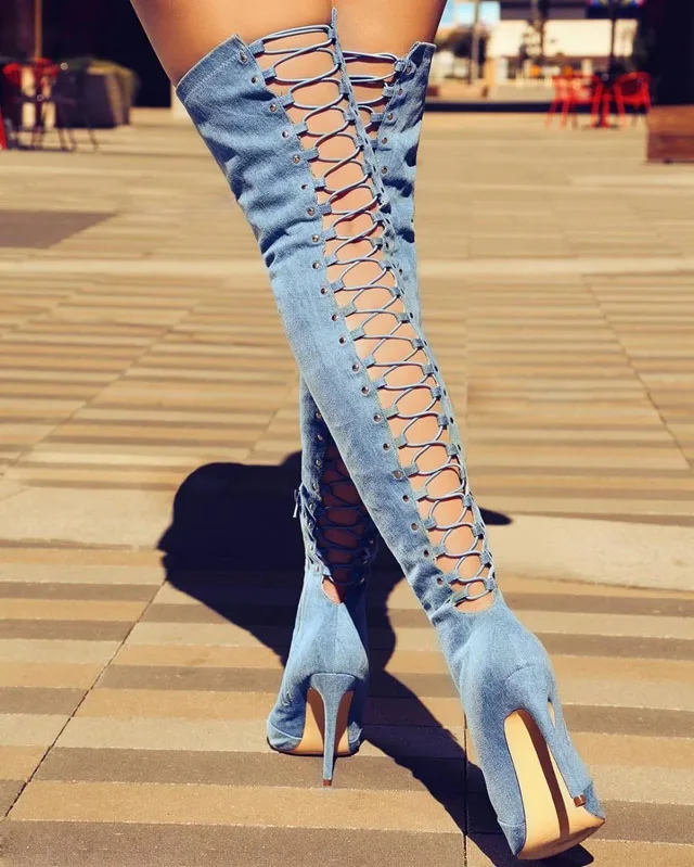 

Women Denim Back Elastic Cutout Thigh Boots Pointed Toe Thin High Heel Street Fashion Over The Knee Boots Female Knight Boots