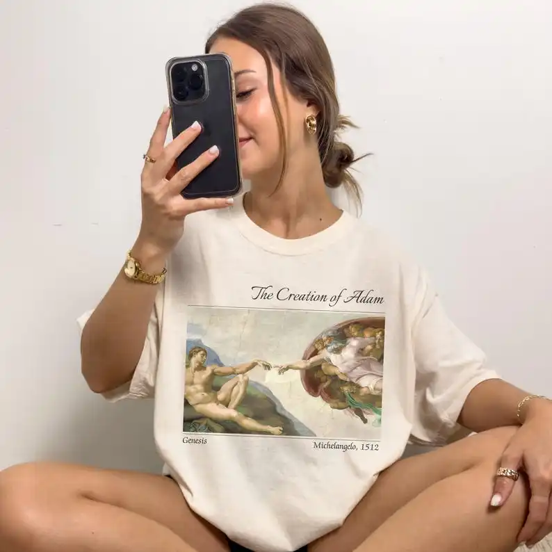 Рубашка «Создание Адама» Микеланджело, футболка с известной живописью, футболка художника эпохи Возрождения, винтажная футболка для любителей искусства, подарок для нее