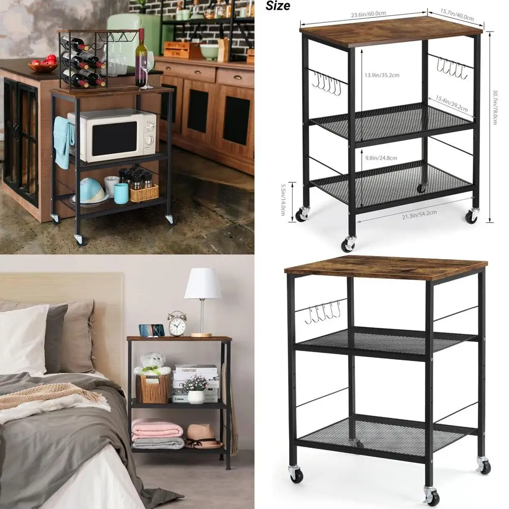 

Трехуровневая передвижная тележка для микроволновой печи с полками для хранения, коричневая, большой приставной столик на колесиках для дома, офиса, кухни