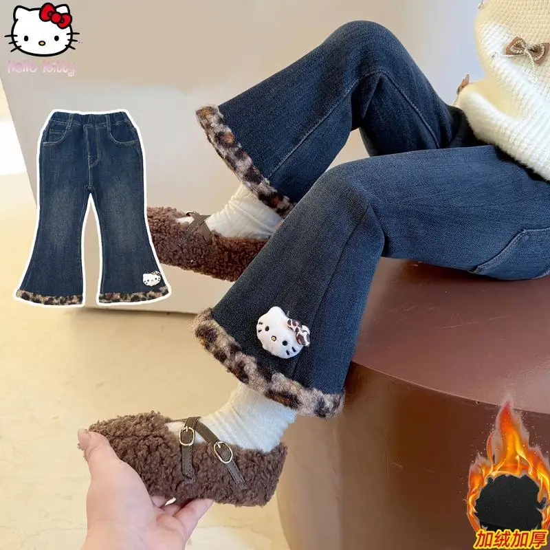 

Girls Thickened Kawaii Jeans Cartoon Autumn Winter New Style Bell Pants Children's Anime Warm Leopard Print Kt Cat Straight Pant