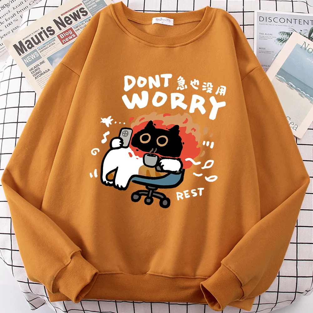 Dont Worry Fun Cat Cute Print Cartoons Men Women Hoodies New Fleece Pullover Swetshirt Loose Hoody Fleece Clothing Couple