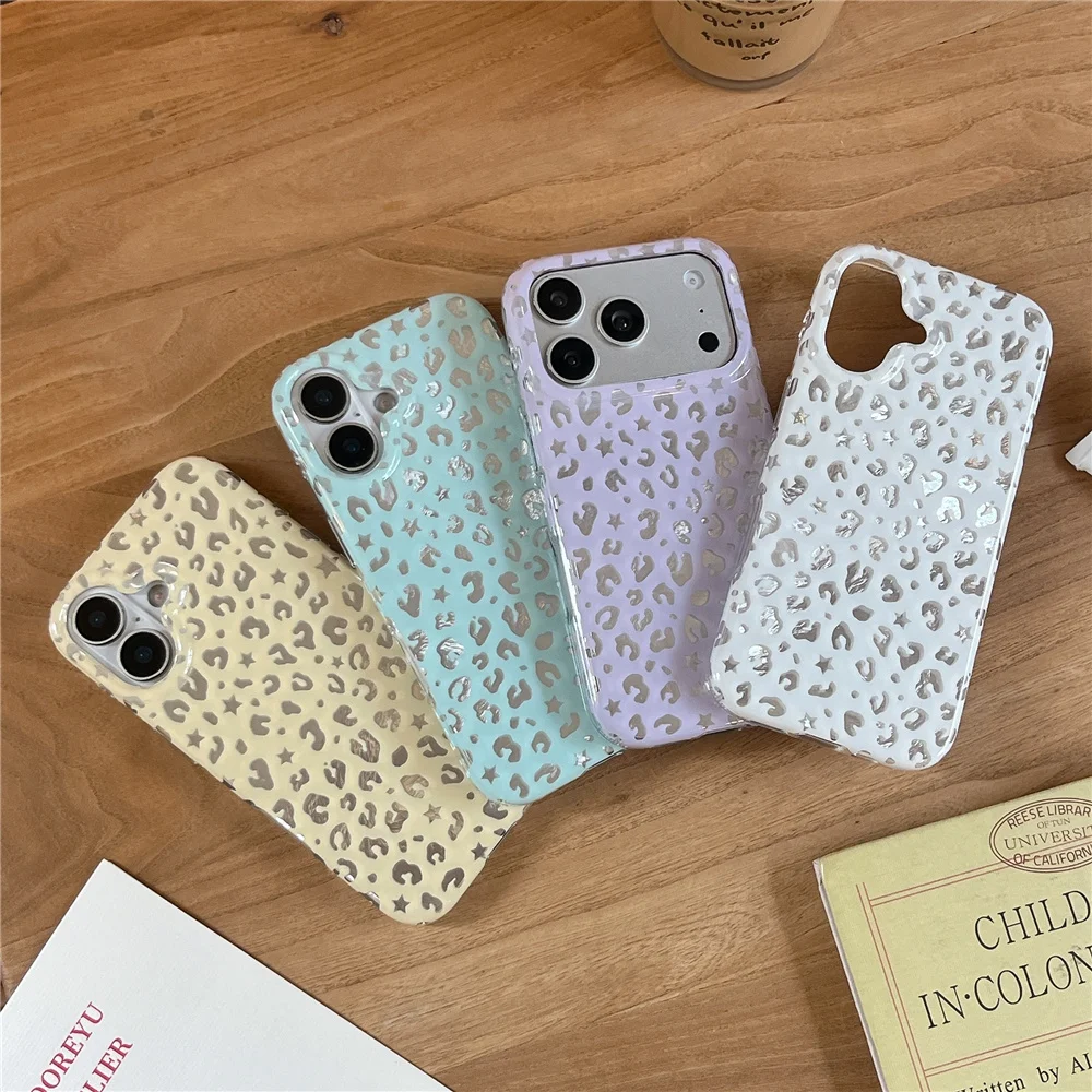 Blue white leopard laser imd back cover for iphone 15 16 pro max 13 14 17 promax cartoon shockproof phone case