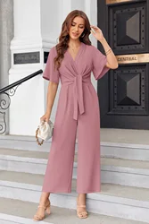 Women's Wide Leg Jumpsuits Summer Elegant Sweet Solid Loose V-neck Flared Short Sleeved Straight Pants Tie Knot Front Romper