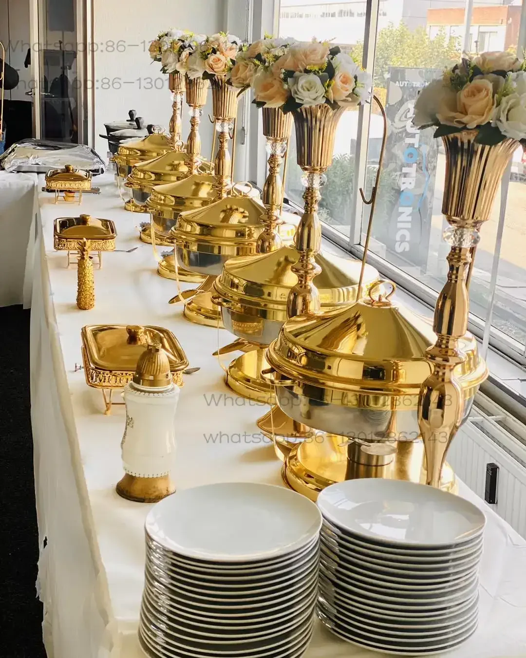 Large Capacity 9L Suspended Type Round Buffet Stove Set, With Silver And Gold Suspended Hammered Buffet Stove