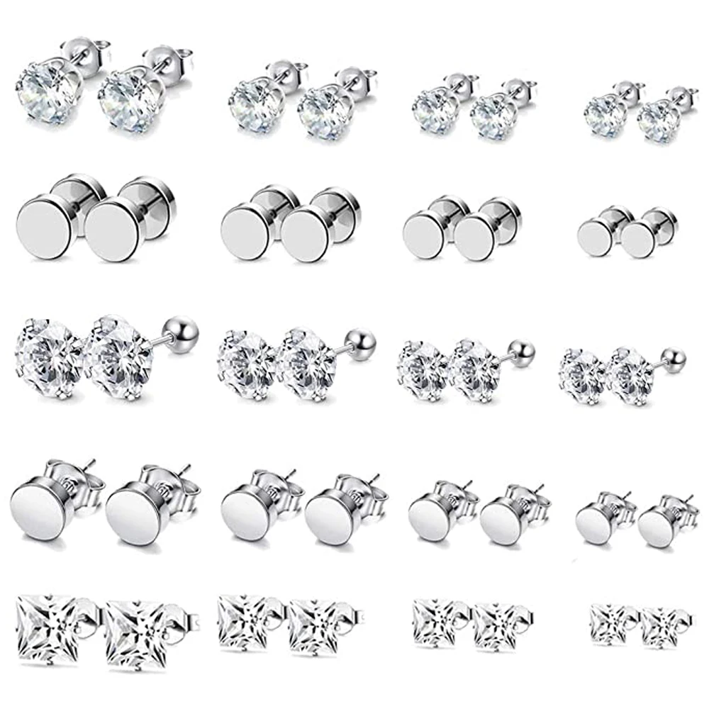 WKOUD 1 Pairs Stainless Steel Black Stud Earrings For Men Women Earring Set CZ Inlaid