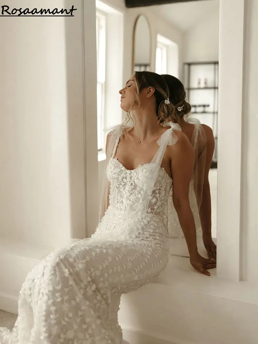 ชุดแต่งงานนางเงือกแขนกุดแบบ3มิติสำหรับลูกไม้ลายดอกชุดเจ้าสาวแบบโบฮีเมียนสายสปาเก็ตตี้ใหม่ล่าสุด