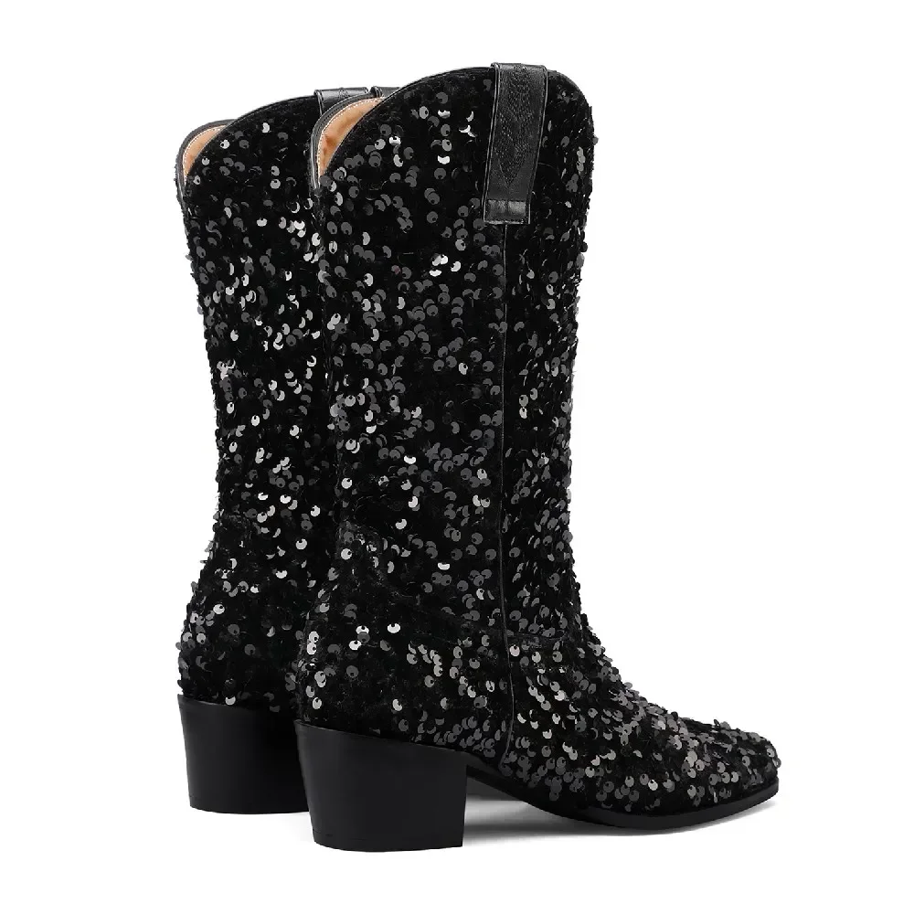 Bottes de cowgirl à enfiler mi-mollet pour femmes, bottes occidentales à paillettes, talons hauts et carrés, parka pointue, demi-bottes, or, rose, bleu, violet, bling