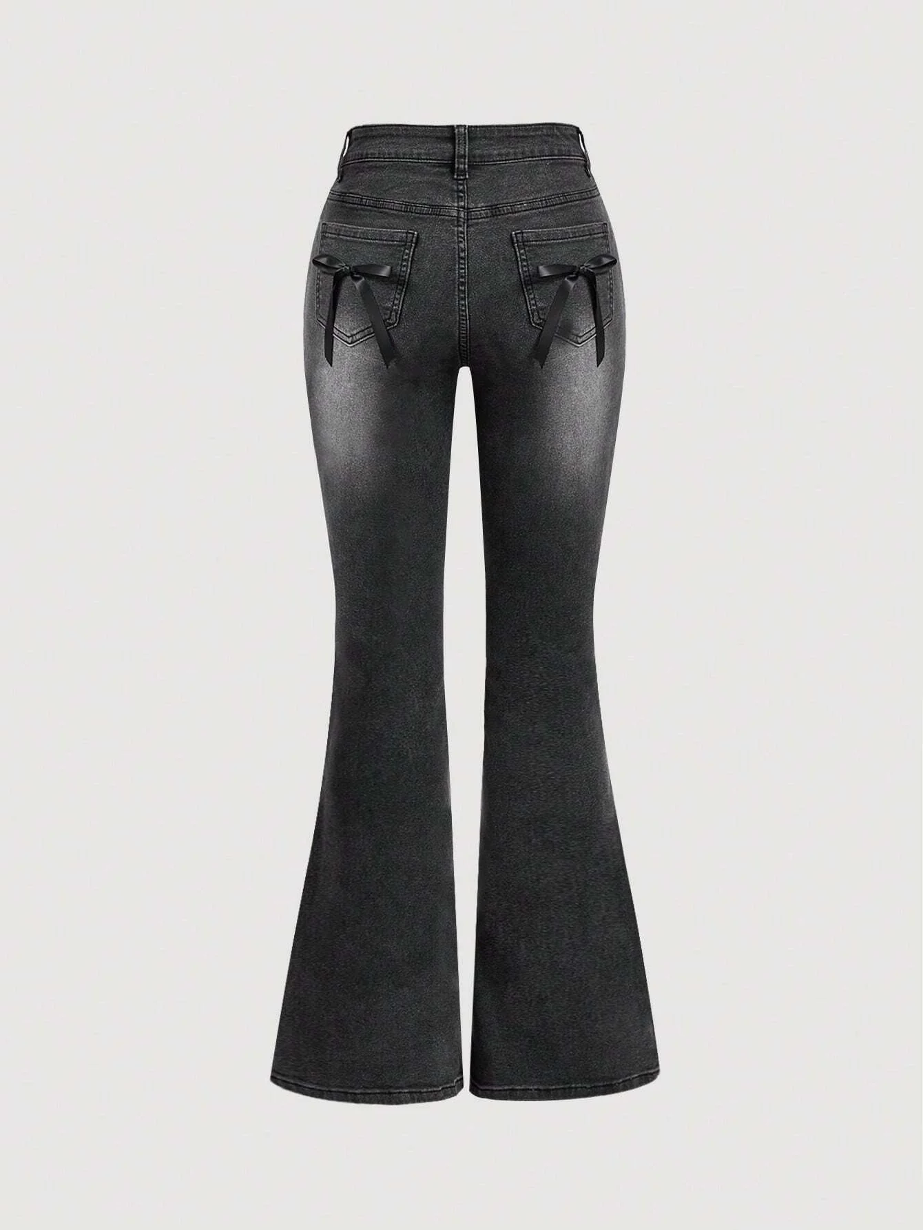 Black Lace Up Bow Jeans Slim Fit Elastic Mid Waist Flared Trousers Fashionable Women's Versatile High Street Denim Pants