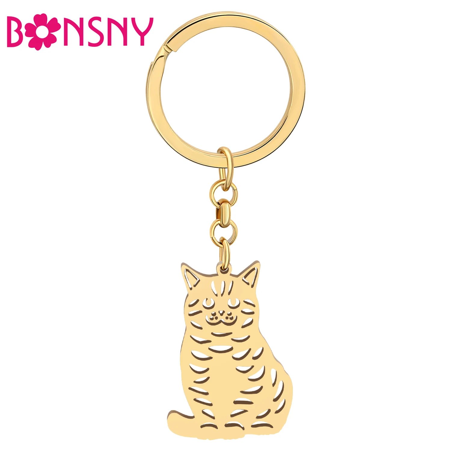 Bonsny Stainless Steel Gold-plated Sweet Sitting Cat Key Chains Pet Bag Charm Key Chains Keyring For Women Gifts Fashion Jewelry