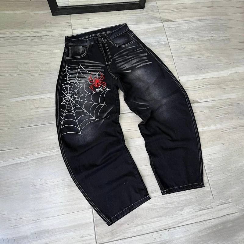 Y2K Fashion Casual Jeans Retro Spinnenweb Afdrukken Zwart Losse Wijde Pijpen Verontruste Jeans Hip Hop Mannen Vrouwen Punk Rock Streetwear