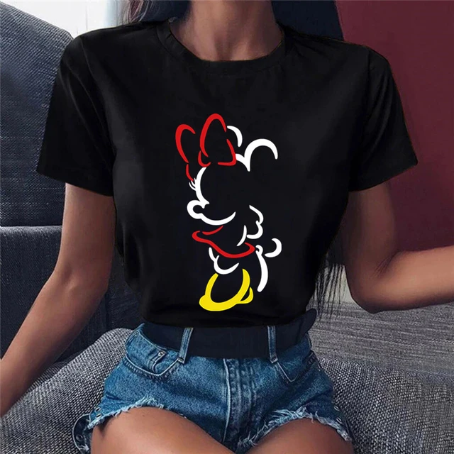 Disney Camiseta con estampado de Minnie Mouse para mujer Tops de dibujos animados para mujer camiseta de manga corta para mujer camisetas negras con cuello redondo AliExpress