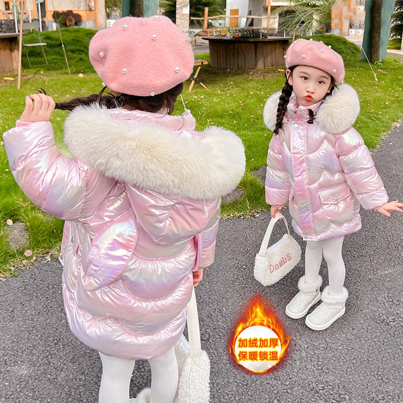 New Girls Shiny Jackets Winter Kids Warm Coats Children Snowsuit Thick Hooded Outerwear Teenage Cotton Clothes Parkas 3-10 Years