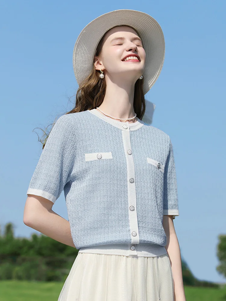 

I BELIEVE YOU French Single Breasted Tops 2025 Autumn Shiny Silver Short Sleeved Sweater Contrasting O-neck Sweater 2252145991