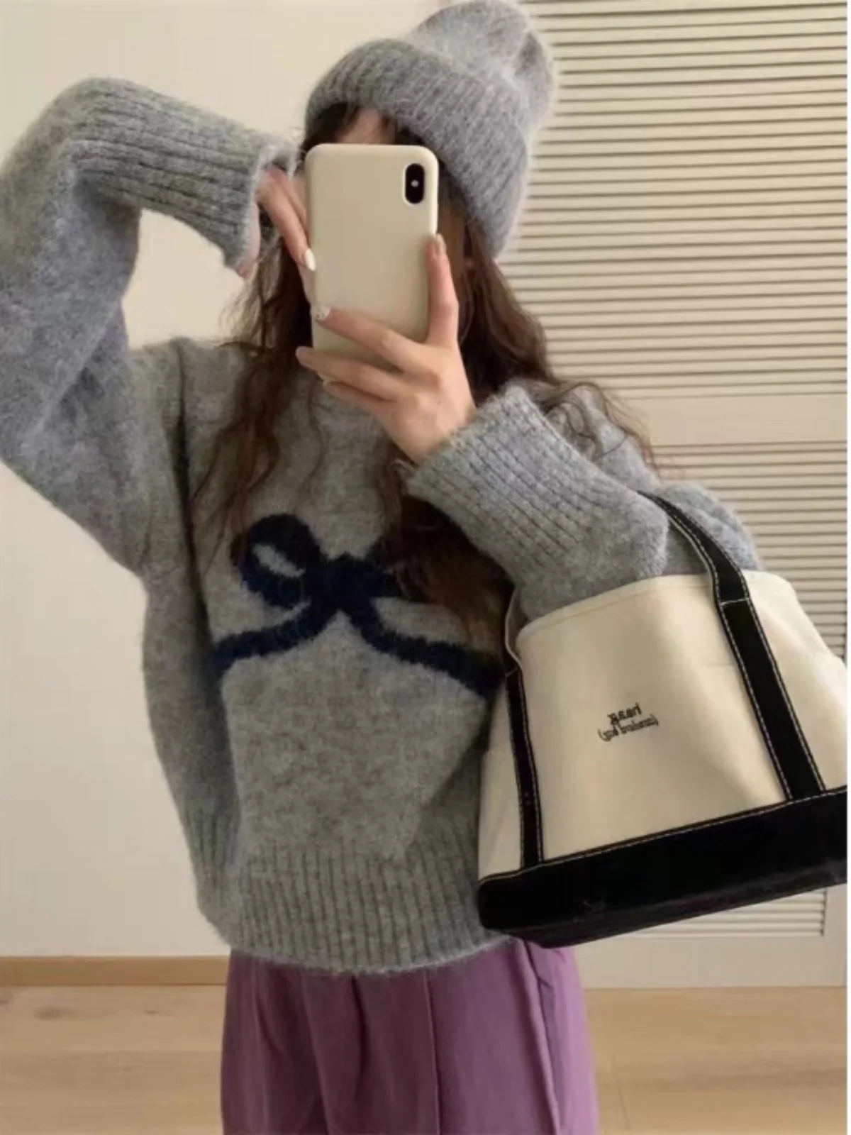 سترة محبوكة حلوة للربيع والخريف للنساء بأكمام طويلة وعقدة فراشة متعددة الاستخدامات فضفاضة بطول عادي بلون موحد #5