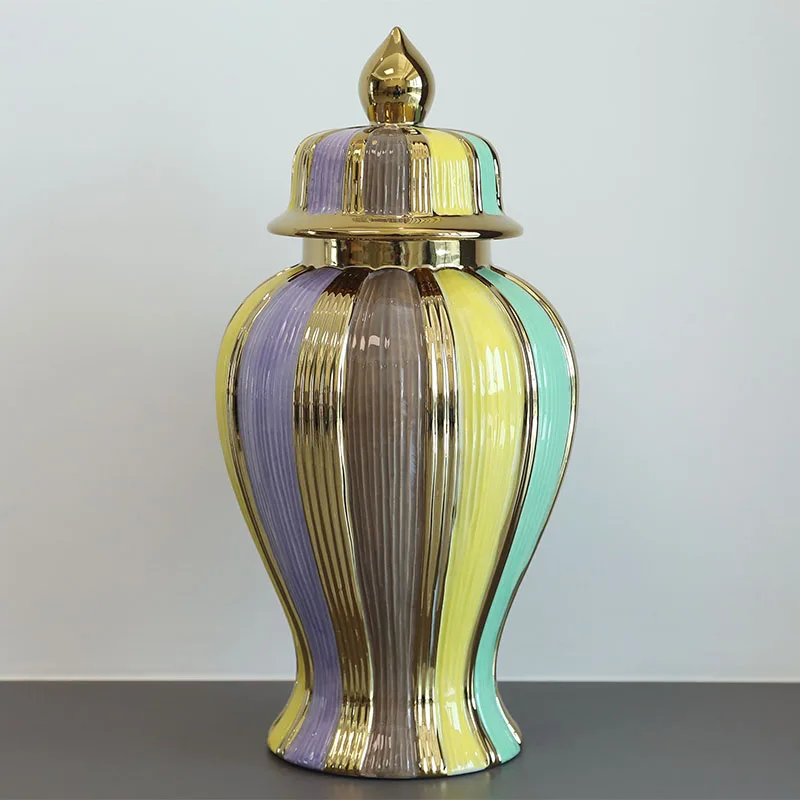 Colored Striped Ceramic Ginger Jar with Lid Gold Decorative Rib Texture Jar High-end Color Storage Jar Home Decoration Vase