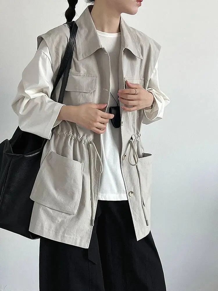 

Женский светло-серый карман на шнурке, большой размер, повседневный жилет, новый модный жилет без рукавов с лацканами, весна-осень