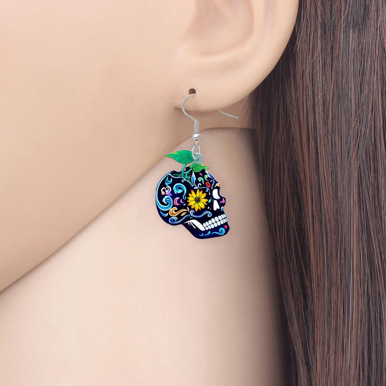 BONSNY Halloween Acrylic Novelty Plant Blue Sugar Skull Earrings Dangle Drop Punk Jewelry for Women Girls Kids Gifts Decorations