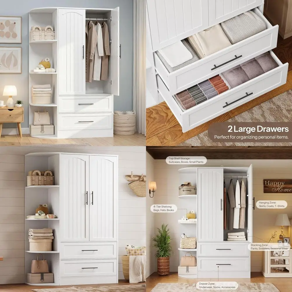 

Белый деревянный шкаф высотой 70,9 с подвесным стержнем и 4 полками для хранения в спальне