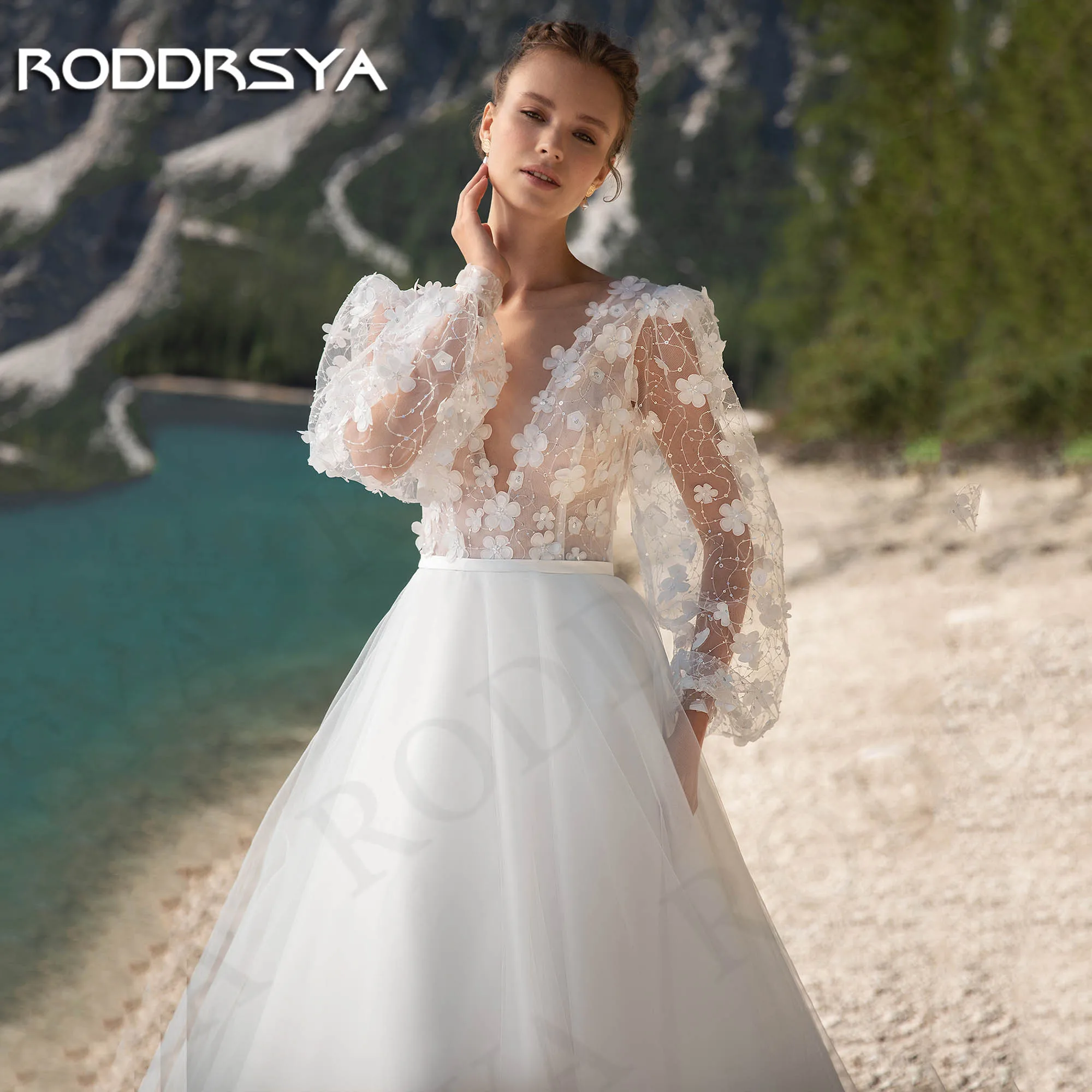 RODDRSYA Boho Lace Puff Dleeves Wedding Dresses 2024 3D Flowers Tulle Backless A Line Bridal Dress vestido de novia boda civil