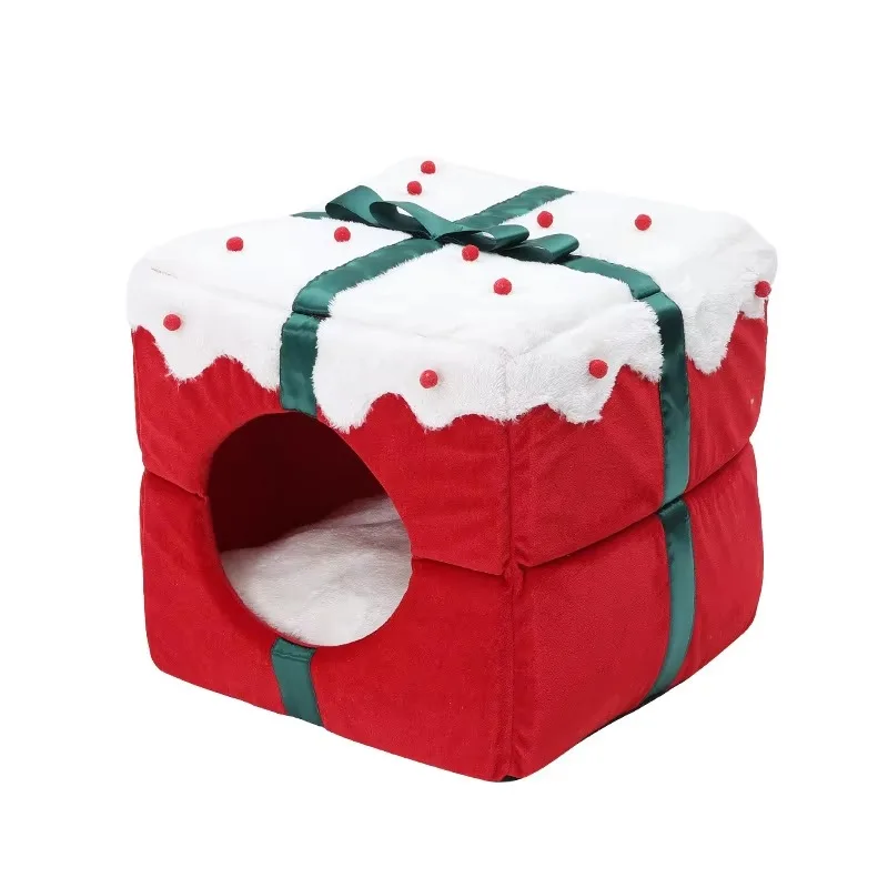 Cute Gift Box-Shaped Cat Bed | Winter Warm Cozy Sleeping Nest for Indoor Cats & Kittens