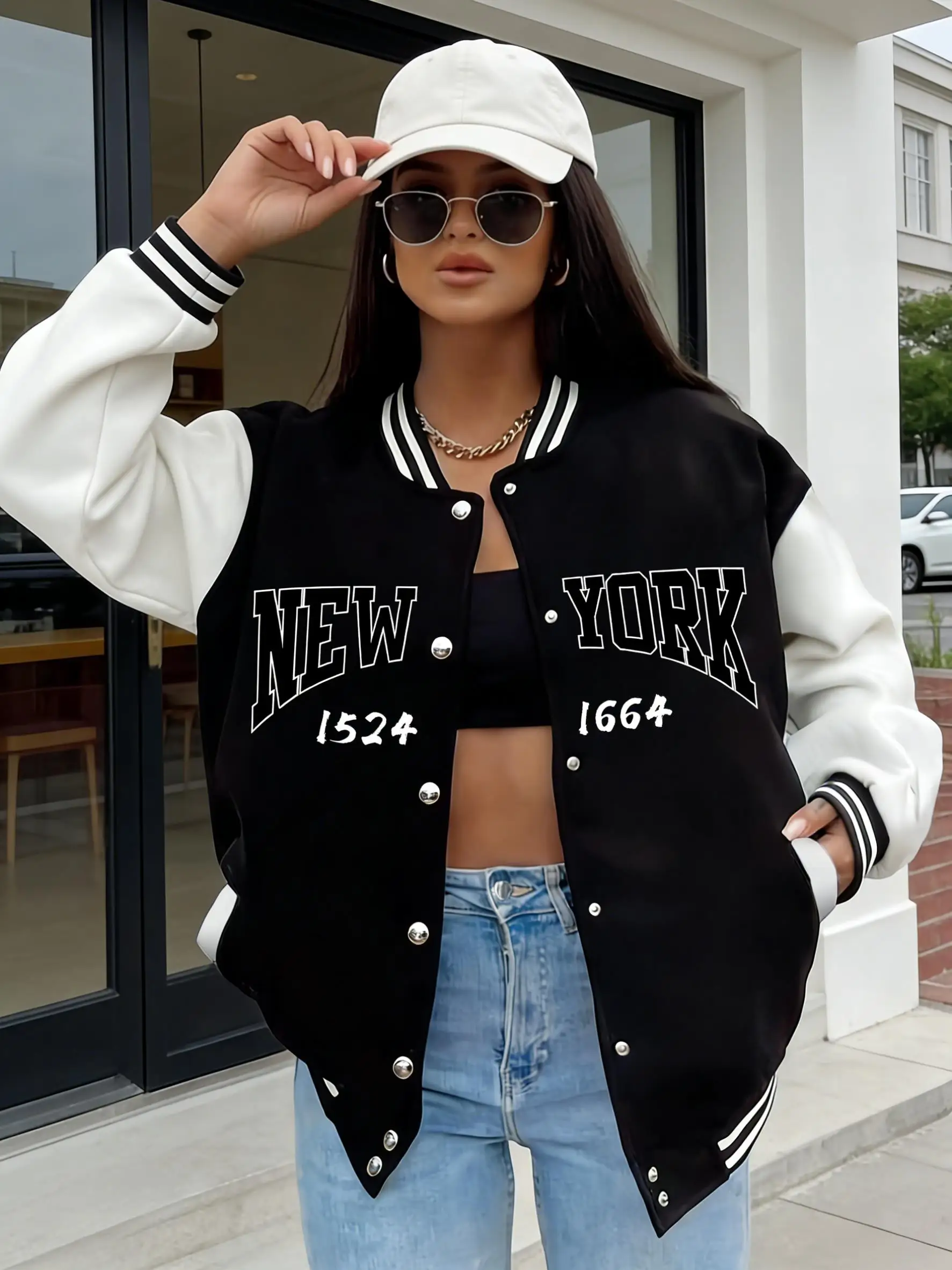 

Женская университетская куртка большого размера New York 1524 1664, повседневное модное бейсбольное пальто с принтом, верхняя одежда в уличном стиле, флисовая одежда