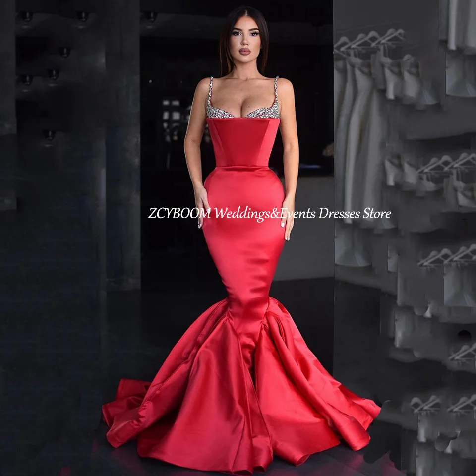 Exquisite Red Spaghetti Strap Crystal Evening Dress 2025 Mermaid Bodyco Floor Length Sweep Train Zipper Custom Made Prom Dress
