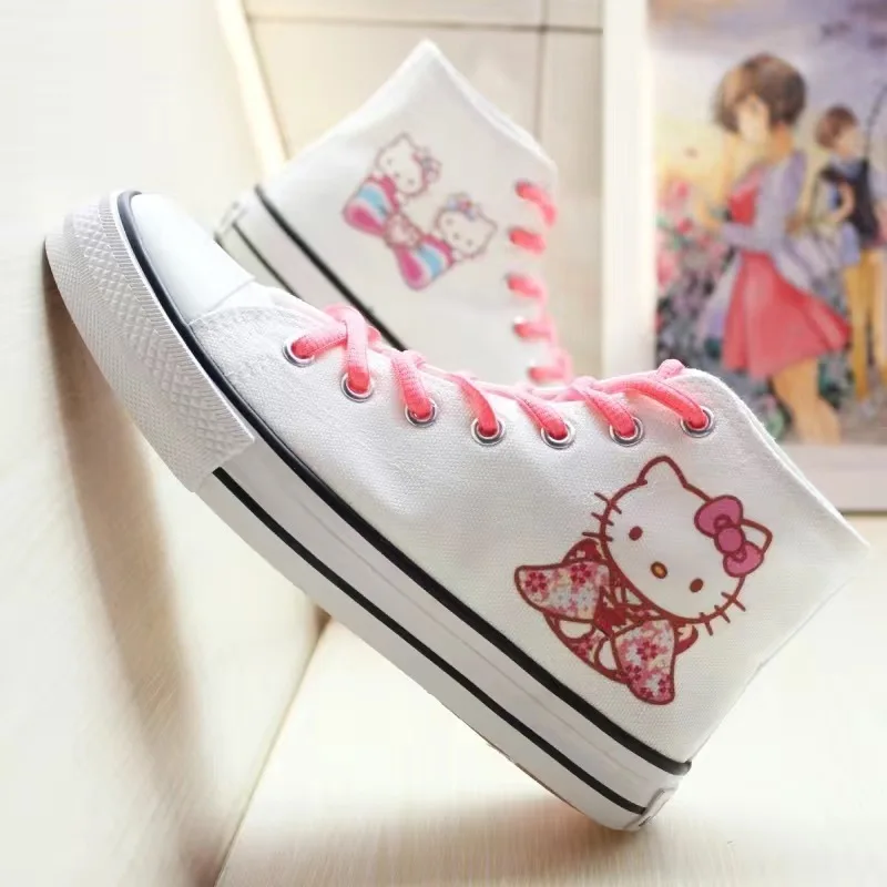 Hello Kitty White Printed High Top Unisex Sneakers Couple Small White Shoes Student Hand Painted Graffiti Canvas Shoes Zapatos