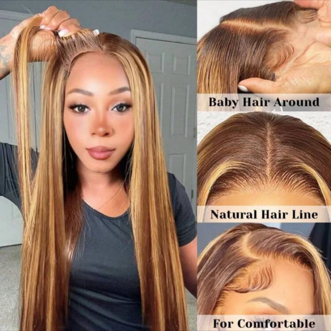 Wig Rambut Asli Highlight Straight Glueless 13x6 Lace Front untuk Wanita, Preplucked Brazilian Hair, Wig Lace Frontal Rambut Asli