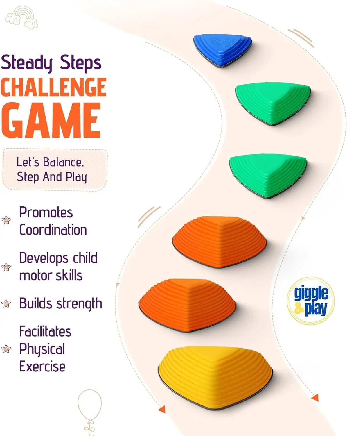 Stepping StonesForKids, SetOf12, Montessori Indoor and Outdoor Balance Stepping Stones, Promotes Coordination, Balanced Strength