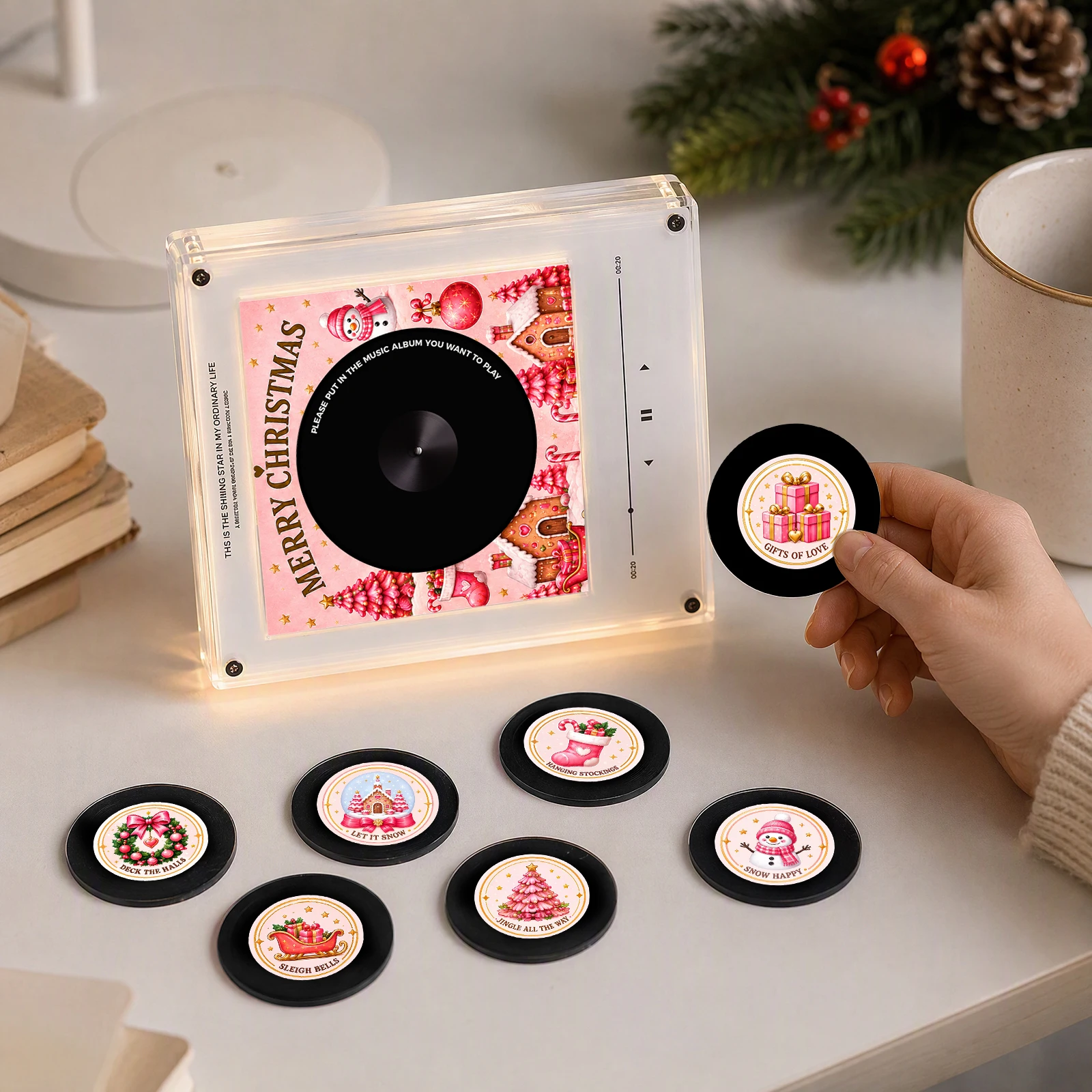 Mini NFC Music Player Magnetic Fridge Decor 9 Discs Rotating Vinyl Record LED Night Light Christmas Acrylic