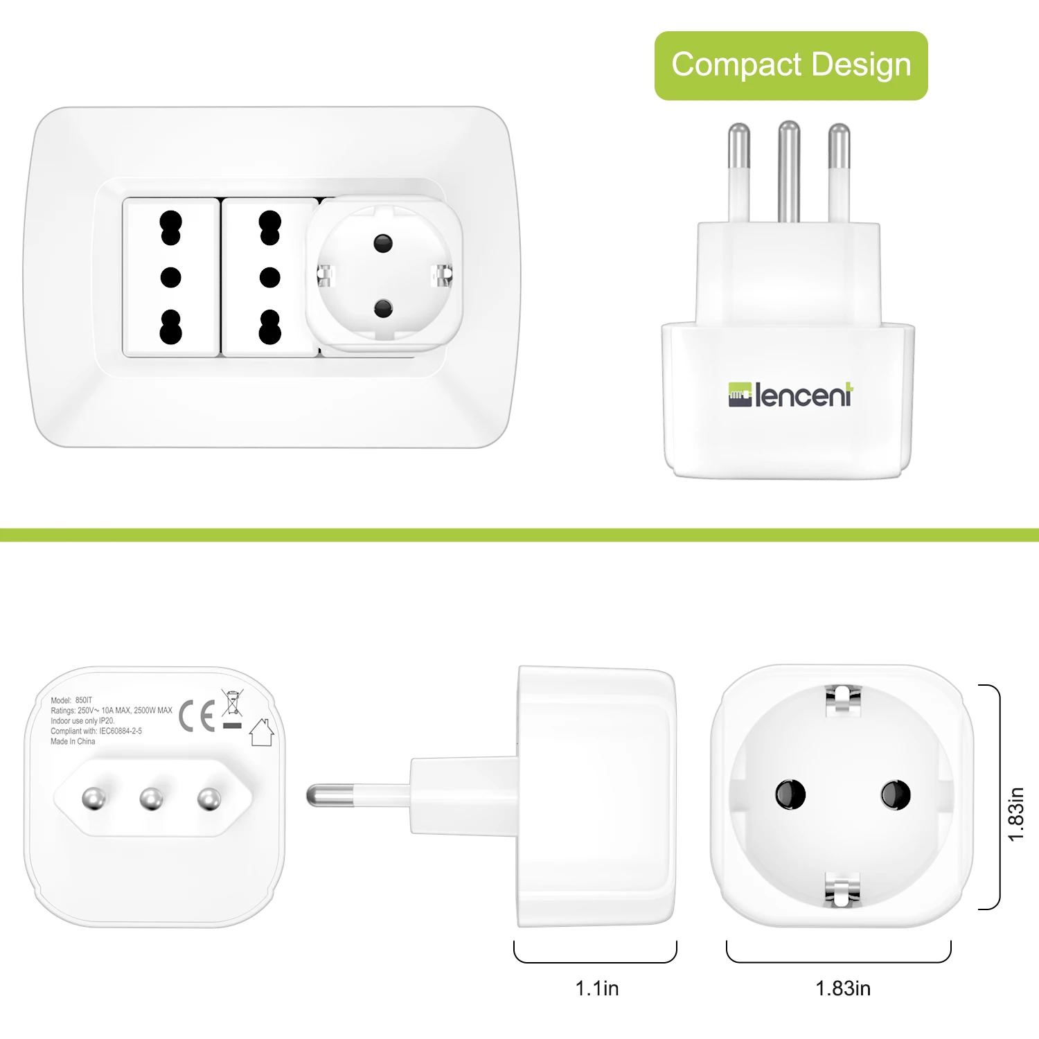 LENCENT 2 PCS EU to IT Travel Adapter  Overload Protection Wall Charger European Euro Plug To Italy  Adapter for Travel /Home