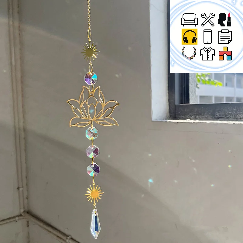 Suncatcher Gardening Crafts Golden Lotus AB Colorful Water Drop Pendant Crystal Decoration Pendant For Home Wedding Garden