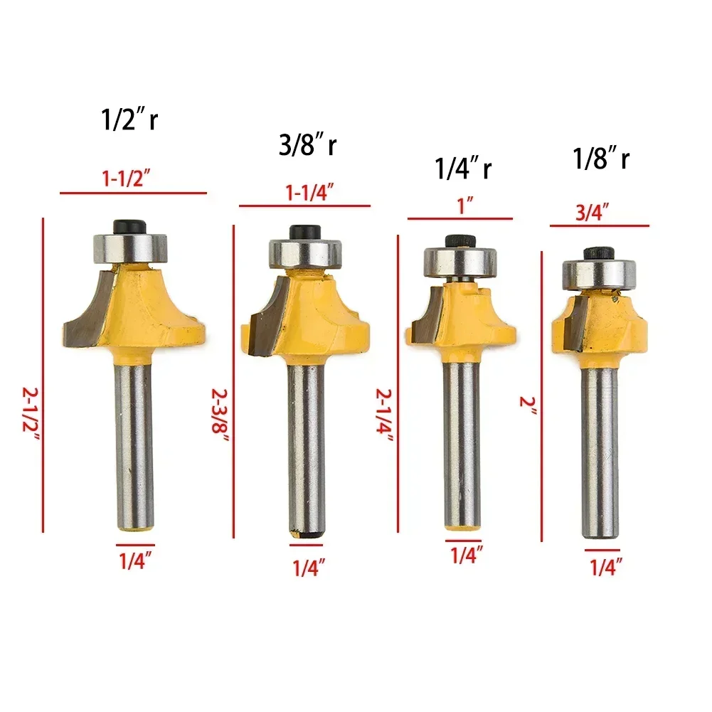 

4 Pcs Set 1/4" Shank Small Corner Round Router Bit For Wood Edging Woodworking Mill Classical Cutter Bit Round Over Bead Edge