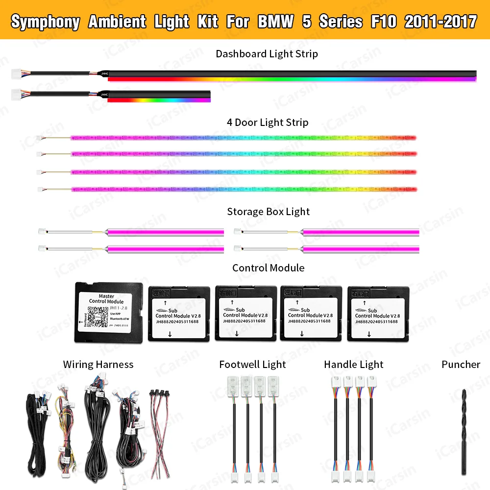 ICarsin 64 Colors LHD/RHD F10 Ambient Lighting Upgrade Kit for BMW 5 Series 2011 - 2017 Car Interior LED Light Accessories