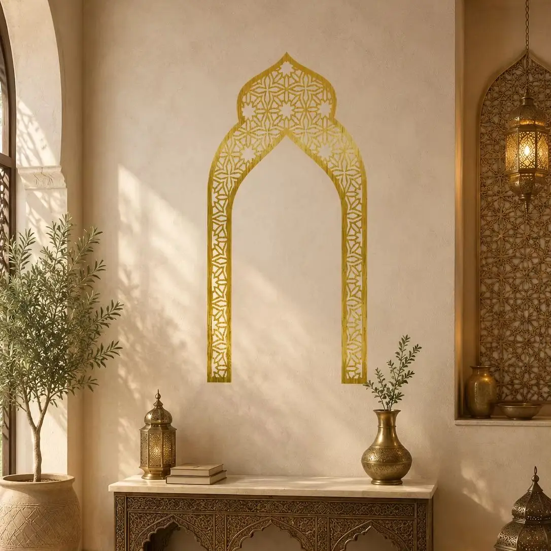 Golden Moroccan Arch Wall Sticker, Islamic Geometric Cutout Door Frame Vinyl Decal for Living Room Bedroom Home Decor