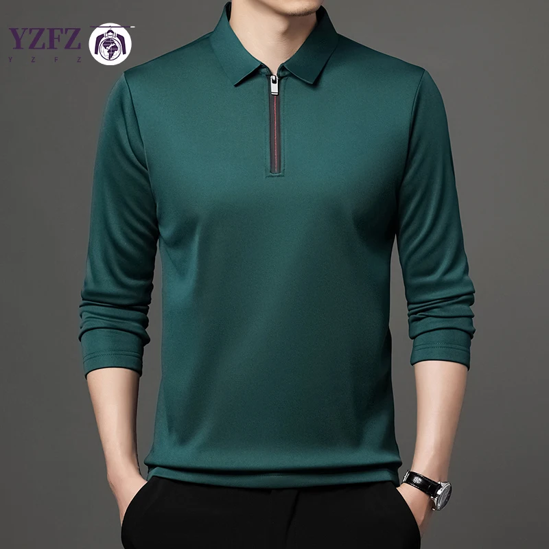 Solid Color Long Sleeve Polo Shirt Fashion Zipper Men's Polo Neck Top  Polo Collar Long Sleeve T-shirt