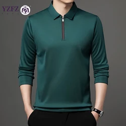 Polo de manga larga con cremallera para hombre, Camiseta de algodón con cuello, Color sólido, a la moda