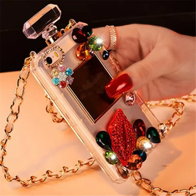 Diamond Crystal Cute Pearl Perfume Bottle Shaped Chain Handbag Cover For SamsungS24 S9 S10 S20 S21 S22 PLUS S23 Note10 20 Case v