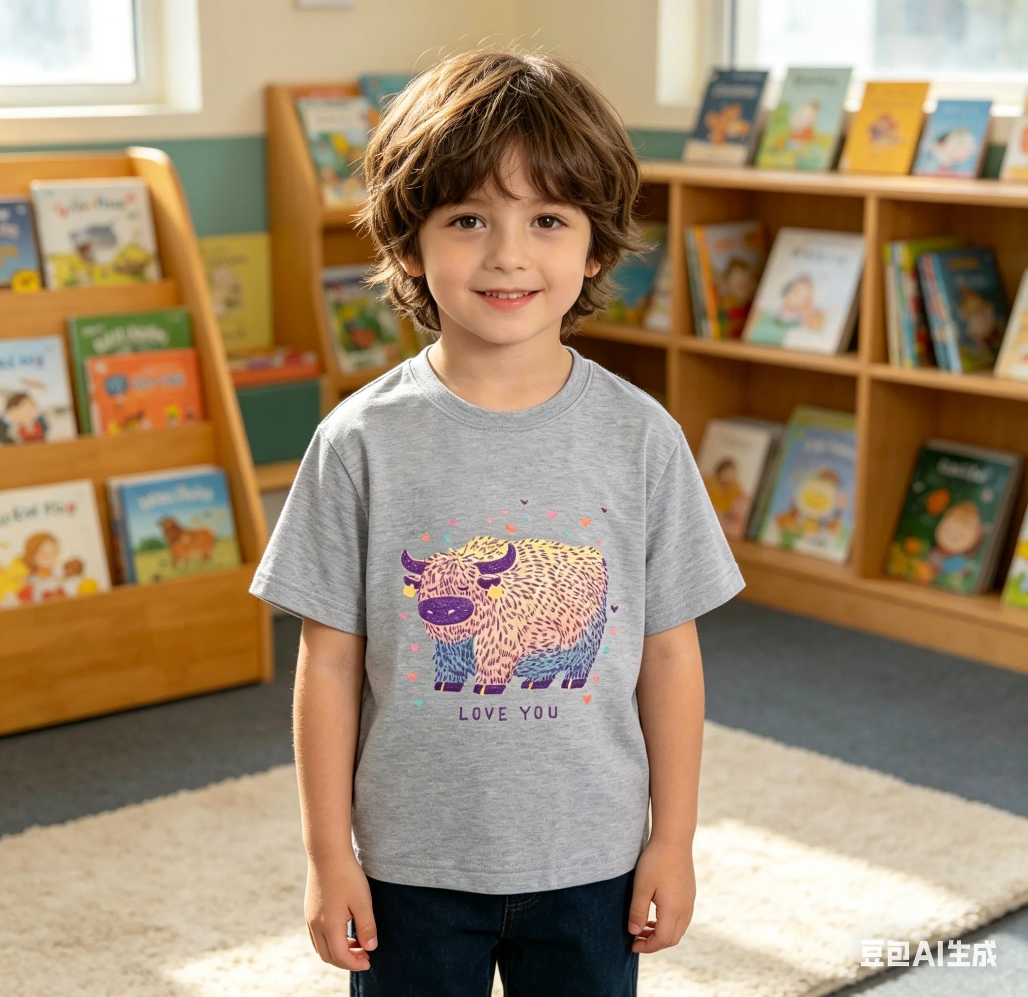 Kids Short-Sleeved T-Shirt Cartoon Highland Cow And Letter Print Casual Versatile Style for Daily Wear Colorful Design